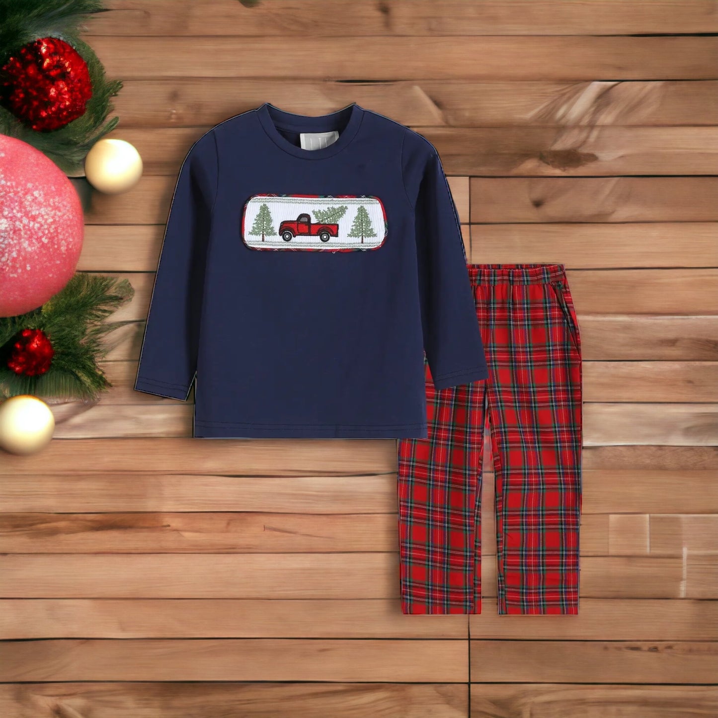 Plaid Christmas Tree Smocked Pant Set