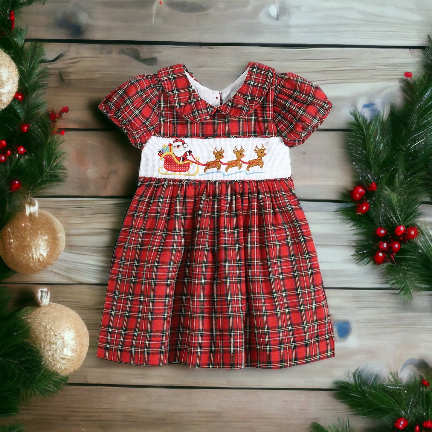 Santa and Sleigh Plaid Bow Dress