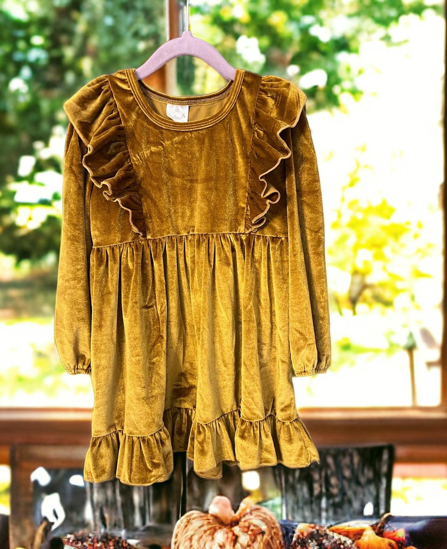 Mustard Velvet Ruffle Dress