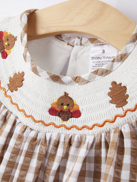 Thanksgiving (Turkey Leaf) Smocked Embroidered Plaid Dress