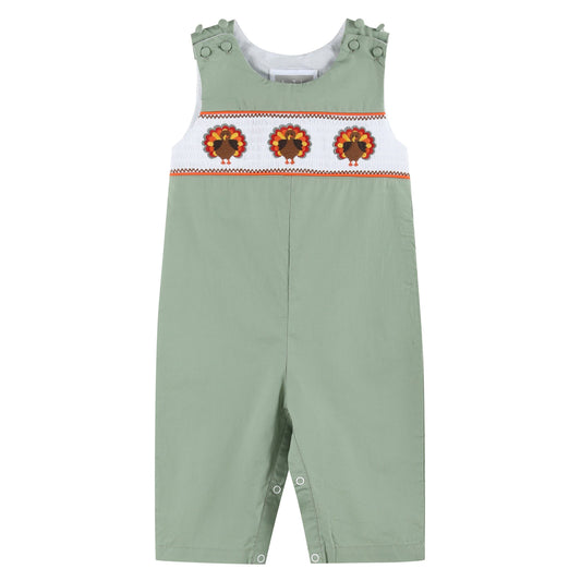 Sage Green Turkey Smocked Overalls: 3-6M