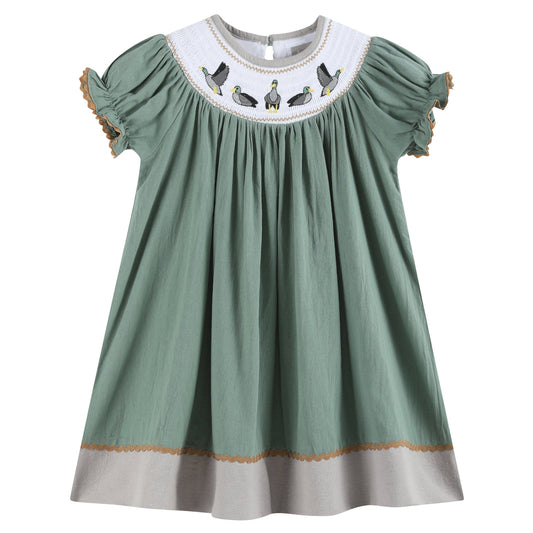 Sage Green Mallard Smocked Bishop Dress