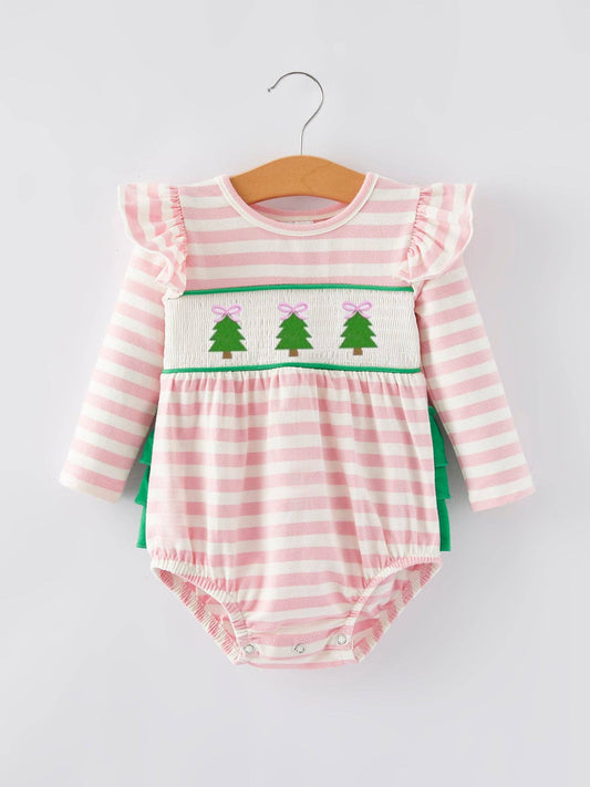 Christmas Tree Smocking Embroidered Girls Romper