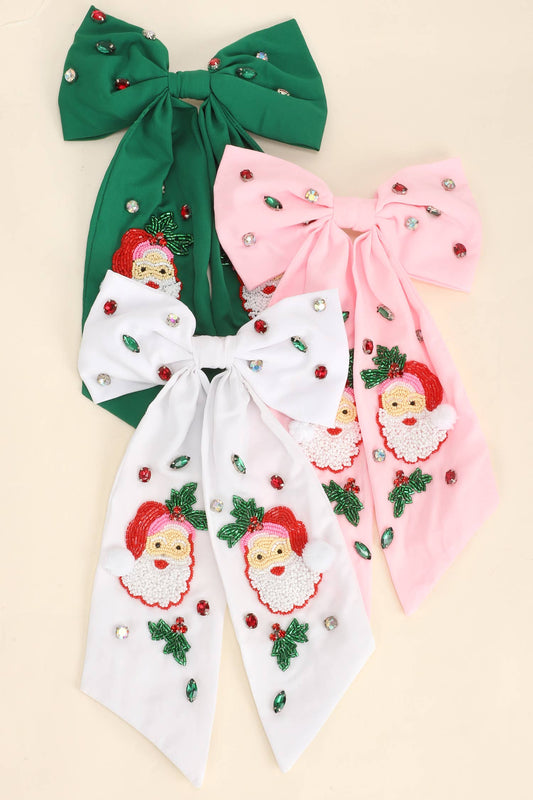 Christmas Jeweled Santa Bow Barrette Hair Clip