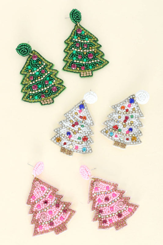 Embroidered & Jeweled Beaded Christmas Tree Dangle Earrings