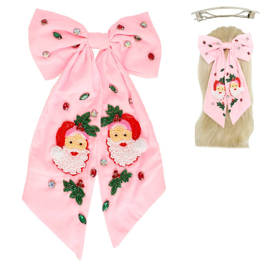 Christmas Jeweled Santa Bow Barrette Hair Clip