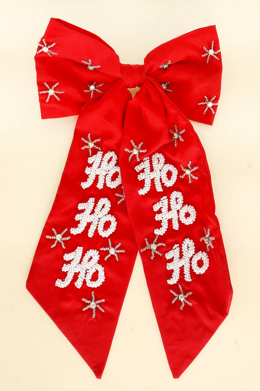 Christmas Ho Ho Ho Jeweled Bow Barrette Hair Clip