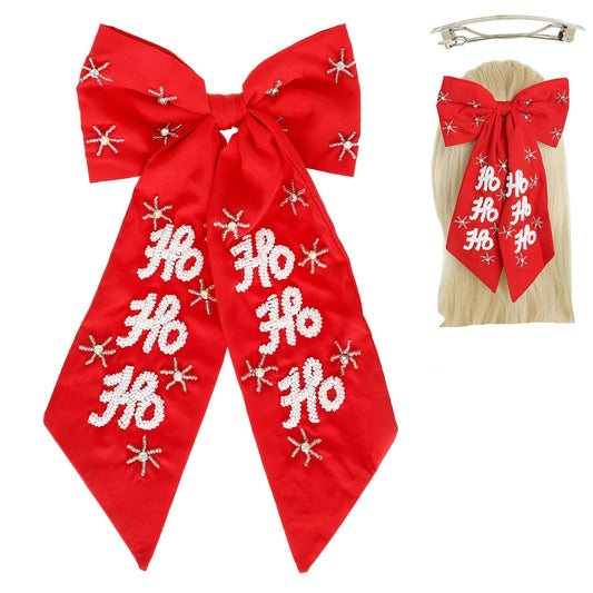 Christmas Ho Ho Ho Jeweled Bow Barrette Hair Clip