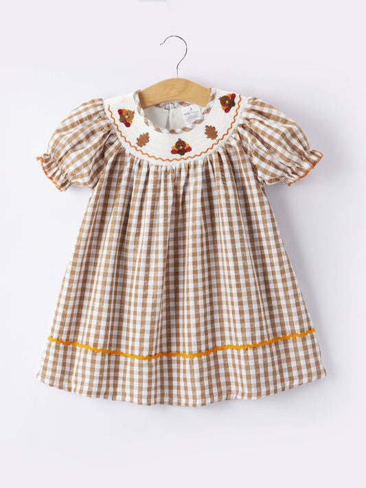 Thanksgiving (Turkey Leaf) Smocked Embroidered Plaid Dress