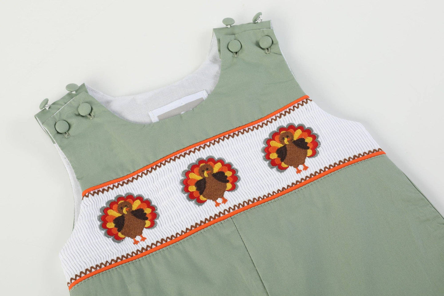 Sage Green Turkey Smocked Overalls: 3-6M