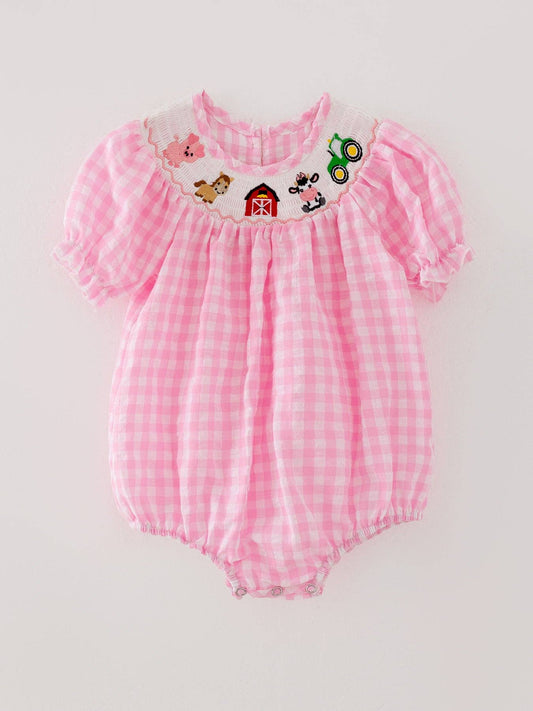 Farm Pink Smocking Embroidered Girls Romper