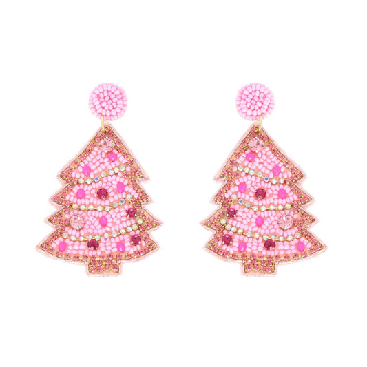 Embroidered & Jeweled Beaded Christmas Tree Dangle Earrings