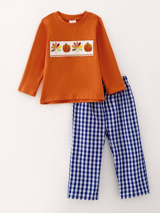 Thanksgiving Smocked Embroidery Plaid Outfit