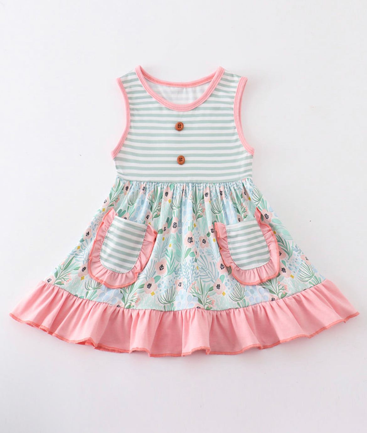 Floral Dress - Baby Pink/Green