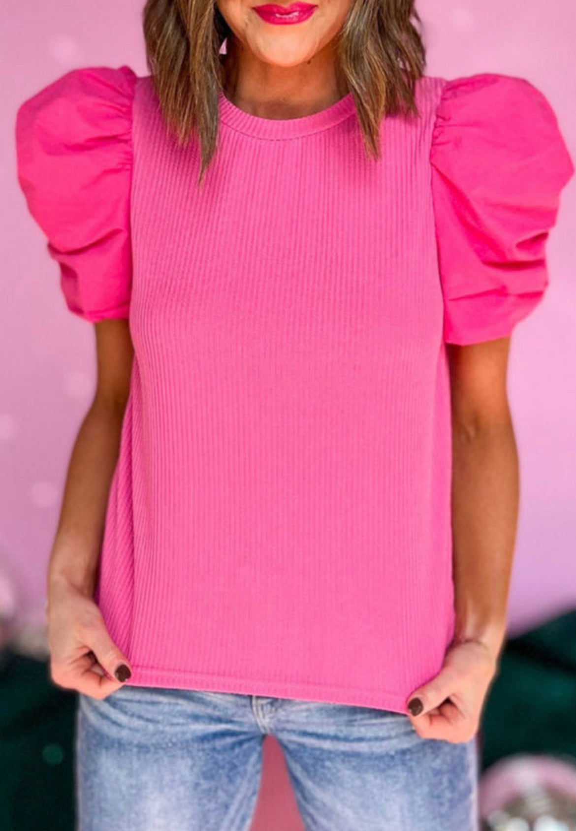 Bubble Sleeve Ribbed Top - Pink