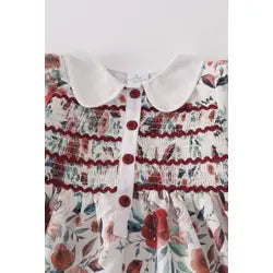 Maroon Floral Smocked Button Dress (36)