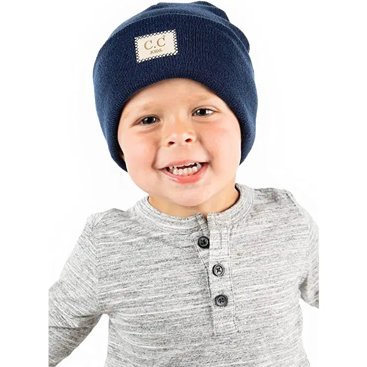 Kids Suede Patch Beanie - Navy